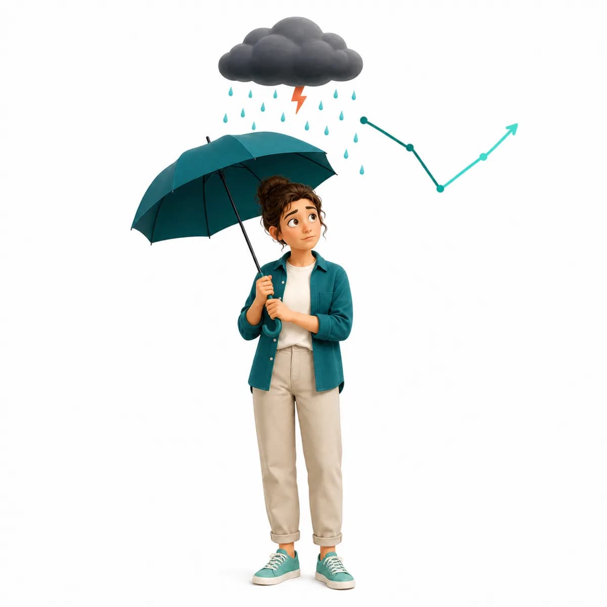 An illustration showing changing market weather around a KiwiSaver investor