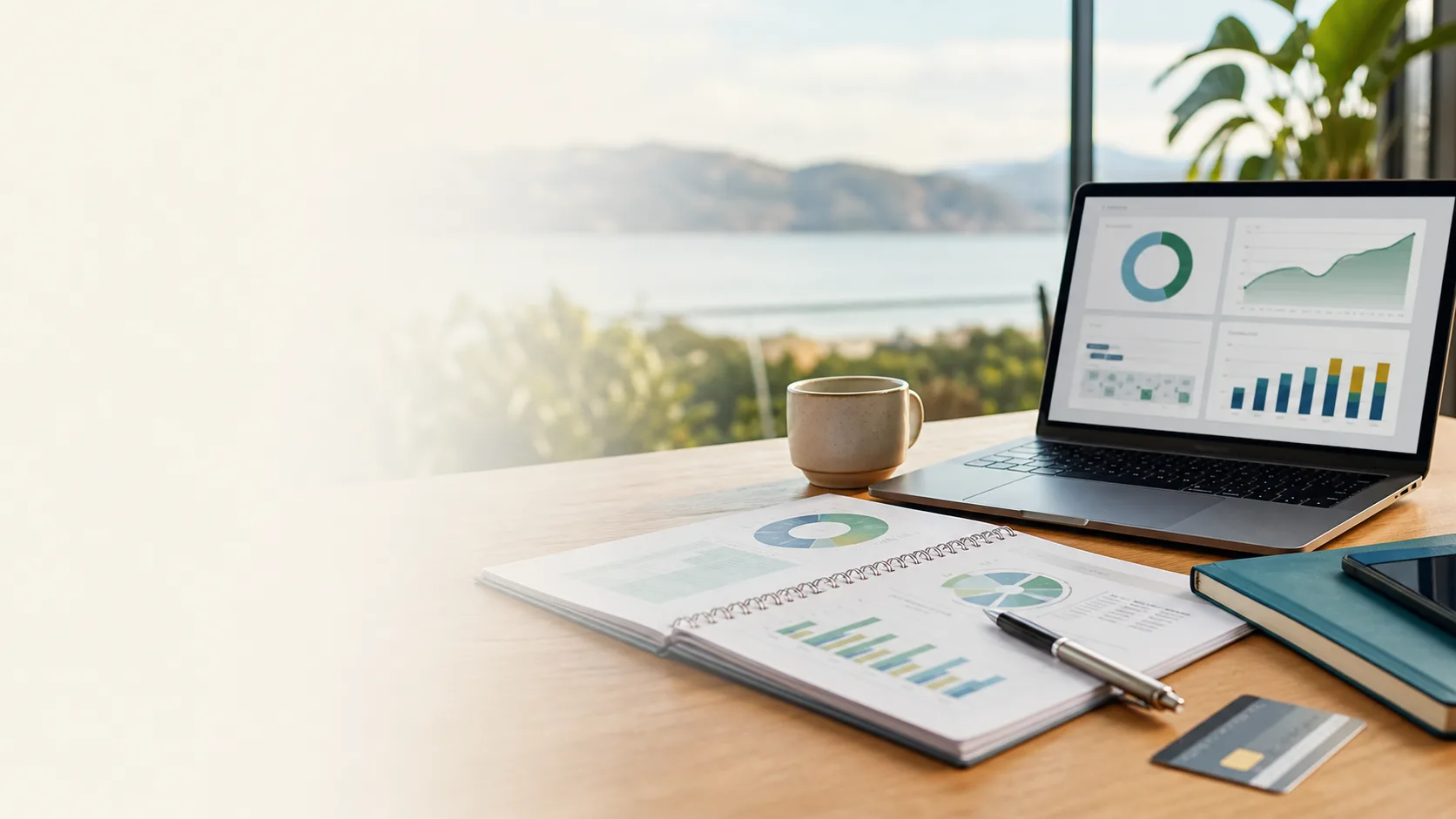 Financial planning workspace overlooking a New Zealand harbour